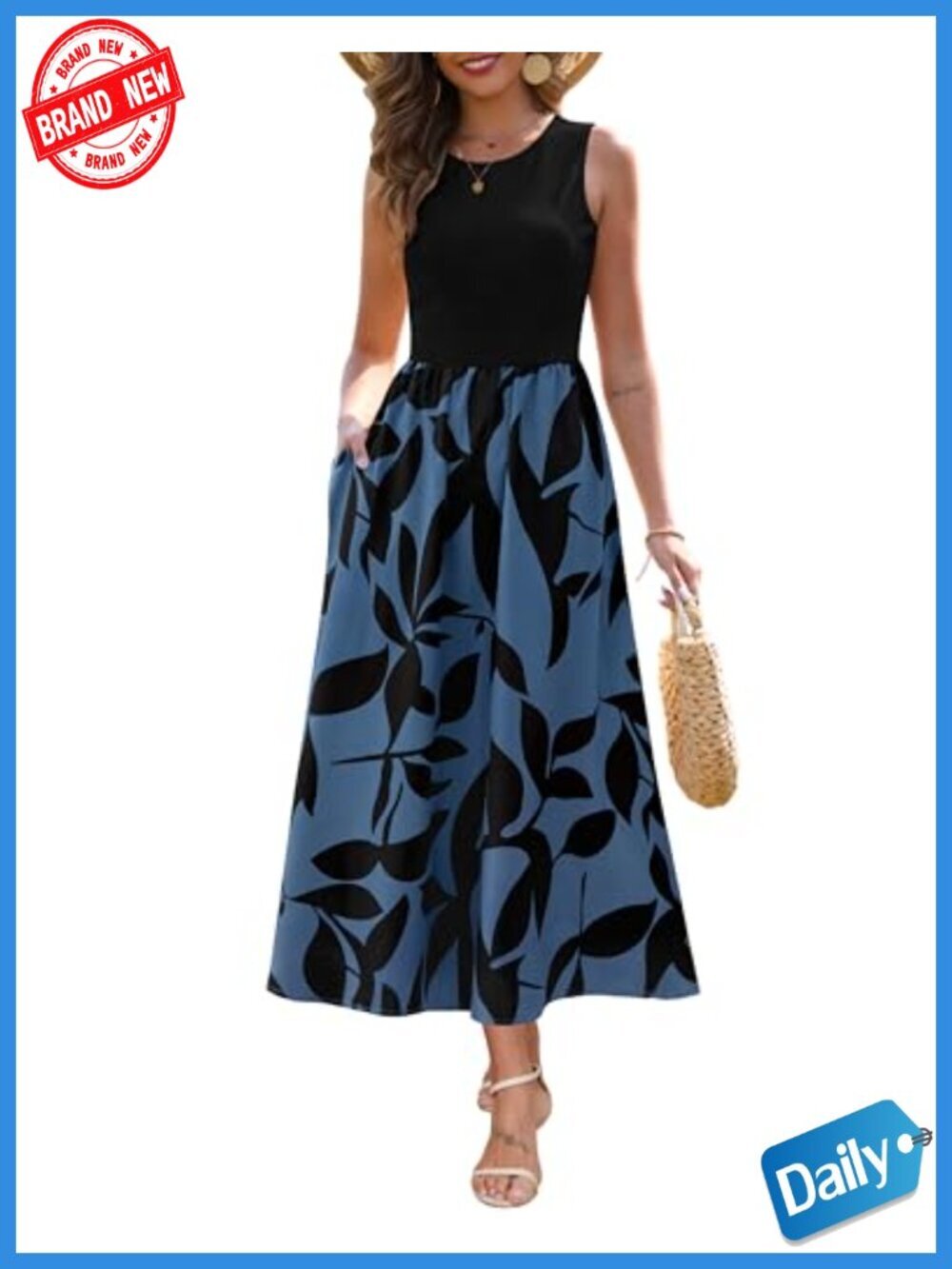 Women's Sleeveless Patchwork Knit Crewneck Tank Top Maxi Dress with Pockets